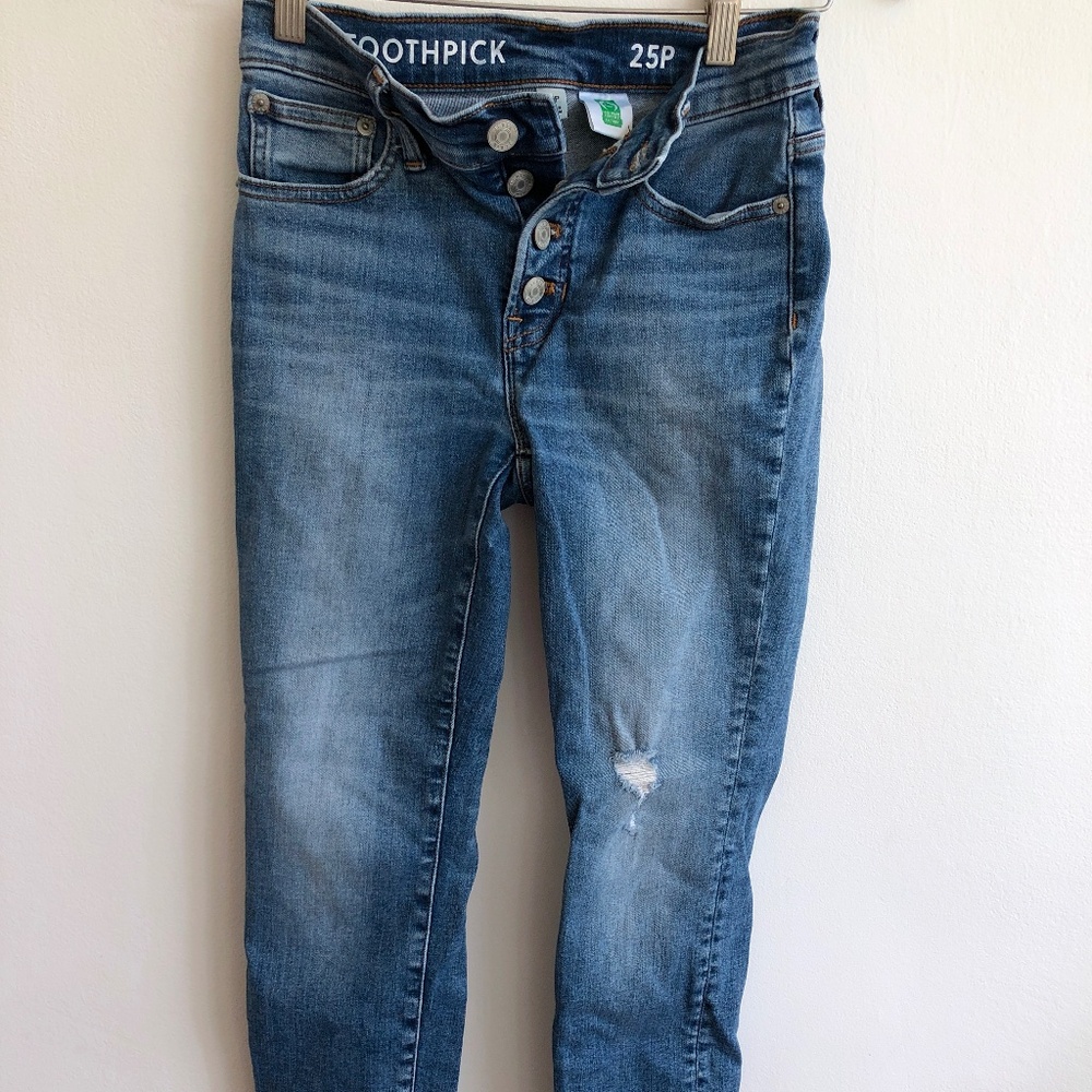 J. Crew Toothpick Jeans in 25P 9" rise, Mid-rise, button-fly distressed